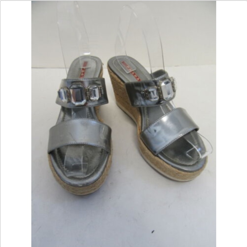 PRADA silver crystal wedge sandals sz 36.5